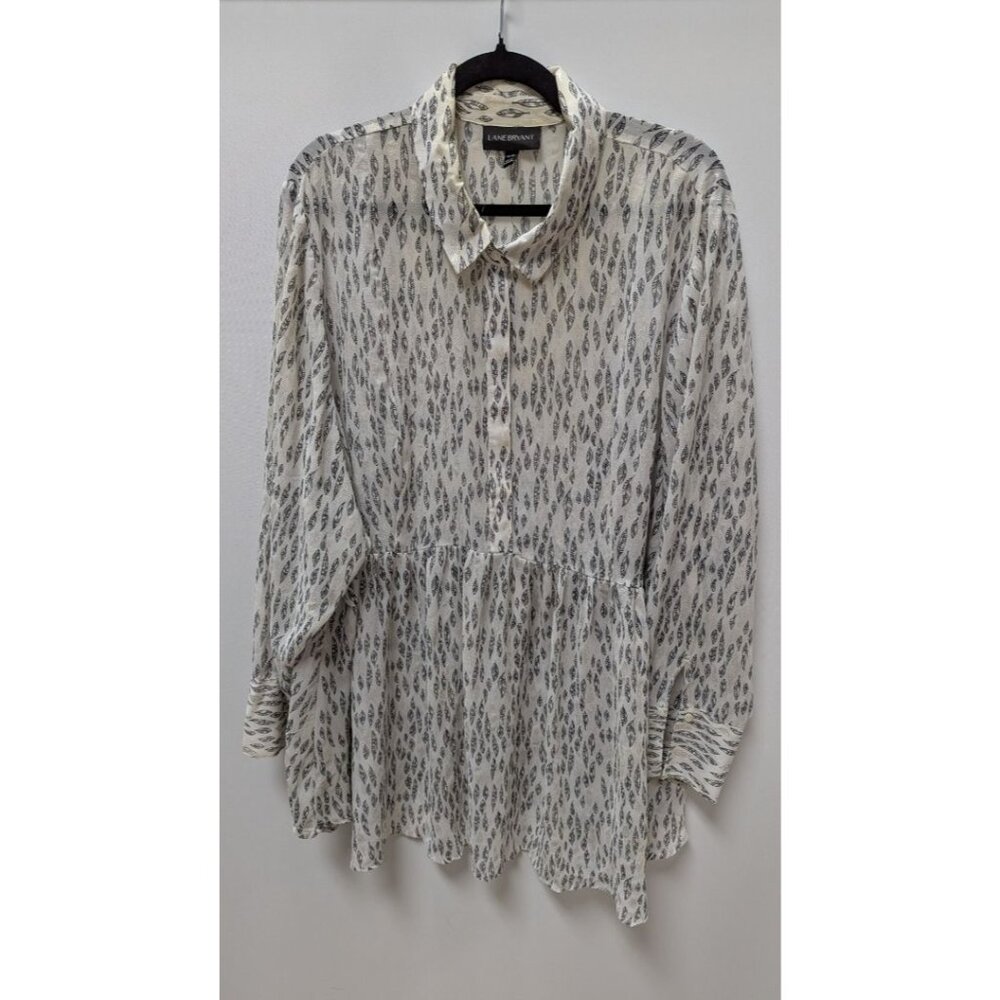 Lane Bryant White Feather Print Half-Button-Down Blouse